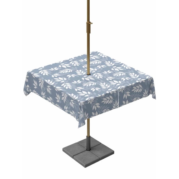 Light Blue White Leaves Outdoor Tablecloth with Umbrella Hole, Spring Pastoral Rustic Botanical Spillproof Waterproof Outdoor Table Cover, Patio Tablecloths for Party/Garden/Picnic, Square 54"x54"