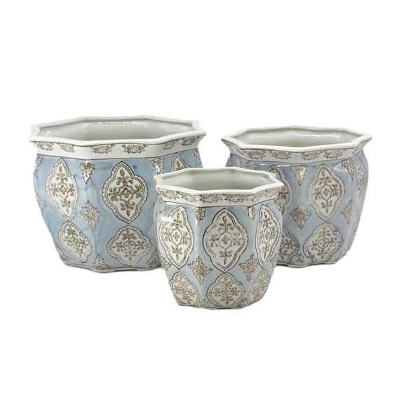 Light Blue & White Round Fluted Floral Porcelain Ceramic Plant Flower Planter Pot Set of 3 (7.5", 10", 13") Garden Pots Chinese Asian Design