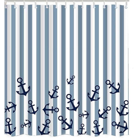Light Blue And White Stripes Anchor Shower Curtain Stylish Narrow Vertical Bathroom Curtains, Machine Washable, Water-Repellent 36"W x 72"L (Pack of 1)