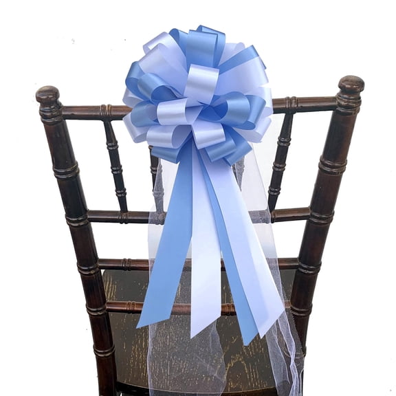 Light Blue & White Pull Bows with Tulle Tails - 8" Wide, Set of 6, Fall, Thanksgiving, Christmas, Wedding Reception, Event Decor, Birthday, Baby Shower, Gender Reveal