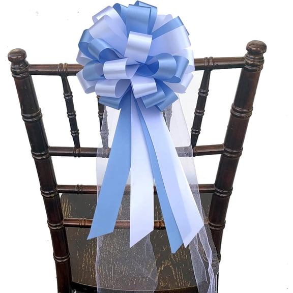 Light Blue & White Wedding Pull Bows with Tulle Tails - 8" Wide, Set of 6, Christmas, Reception, Event , Easter, Birthday, Baby Shower