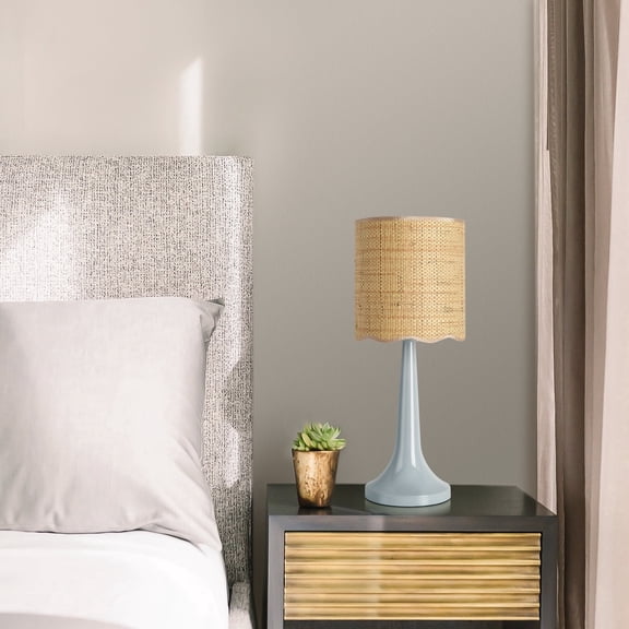 Light Blue Wicker Small Table Lamp for Bedroom, Light Blue Wicker Lamps for Bedside Nightstand, Wicker Shade Small Table Shape Lamps for Small Spaces for Kitchen Counter, Home Office, Living Room