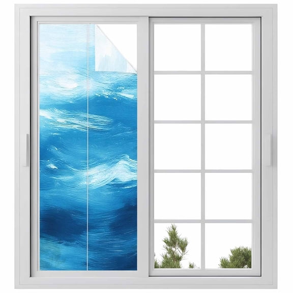 Light Blue Window Privacy Film Ocean Wave Abstract Gradient Blue Sea Scenery Decorative Glass Window Film UV Blocking Static Cling Non-Adhesive Sticker Covering for Home Door 23.6 x 59 inches