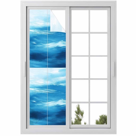 Light Blue Window Privacy Film Ocean Wave Abstract Gradient Blue Sea Scenery Decorative Glass Window Film UV Blocking Static Cling Non-Adhesive Sticker Covering for Home Door 17.7 x 78.7 inches