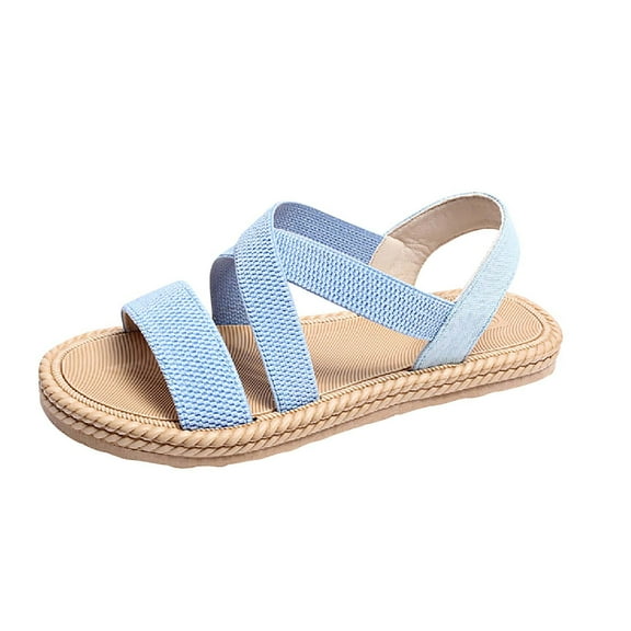 Light Blue Women'S Comfort Fit Flat Bottom Sandals With Elastic Straps For Outdoor
