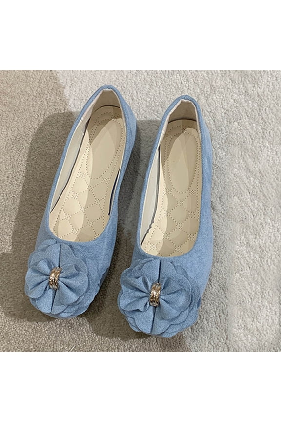 Light Blue Women'S Flat Shoes Retro Square Toe Casual Style Low Cut Design Floral Embellishments Bow Accents Comfortable Upper Daily Shoes Size 39
