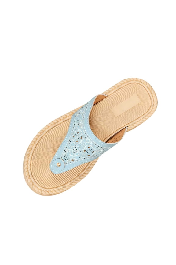 Light Blue Women'S Flat Thong Sandals Wedge Style Toe Post Sandals Round Toe Casual Style Pu Material Size 8.5