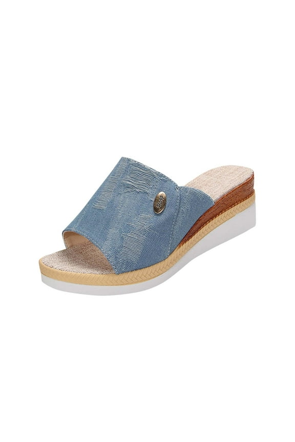 Light Blue Women'S Outdoor Wedge Sandals With Denim For Spring Summer Wear Ideal For Walking And Relaxation With Supportive Heel