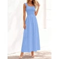 thumbnail image 1 of Light Blue Womens Smocked Square Neck Sleeveless Eyelet Lace Cotton Maxi Dress For Spring Summer Beach, 1 of 6