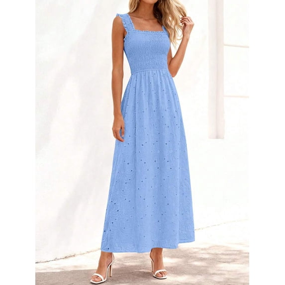 Light Blue Womens Smocked Square Neck Sleeveless Eyelet Lace Cotton Maxi Dress For Spring Summer Beach