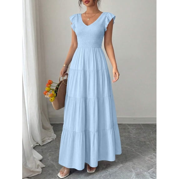 Light Blue Womens V-Neck Flowy Maxi Dress With Ruffled Cap Sleeves And Tiered Skirt