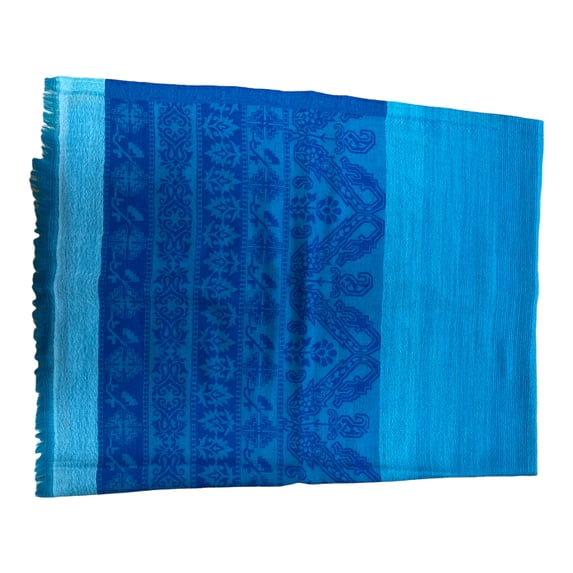 Light Blue Woollen Scarves for Women with Mankolam Prints on the Borders Great Accessory for Fall/Winter