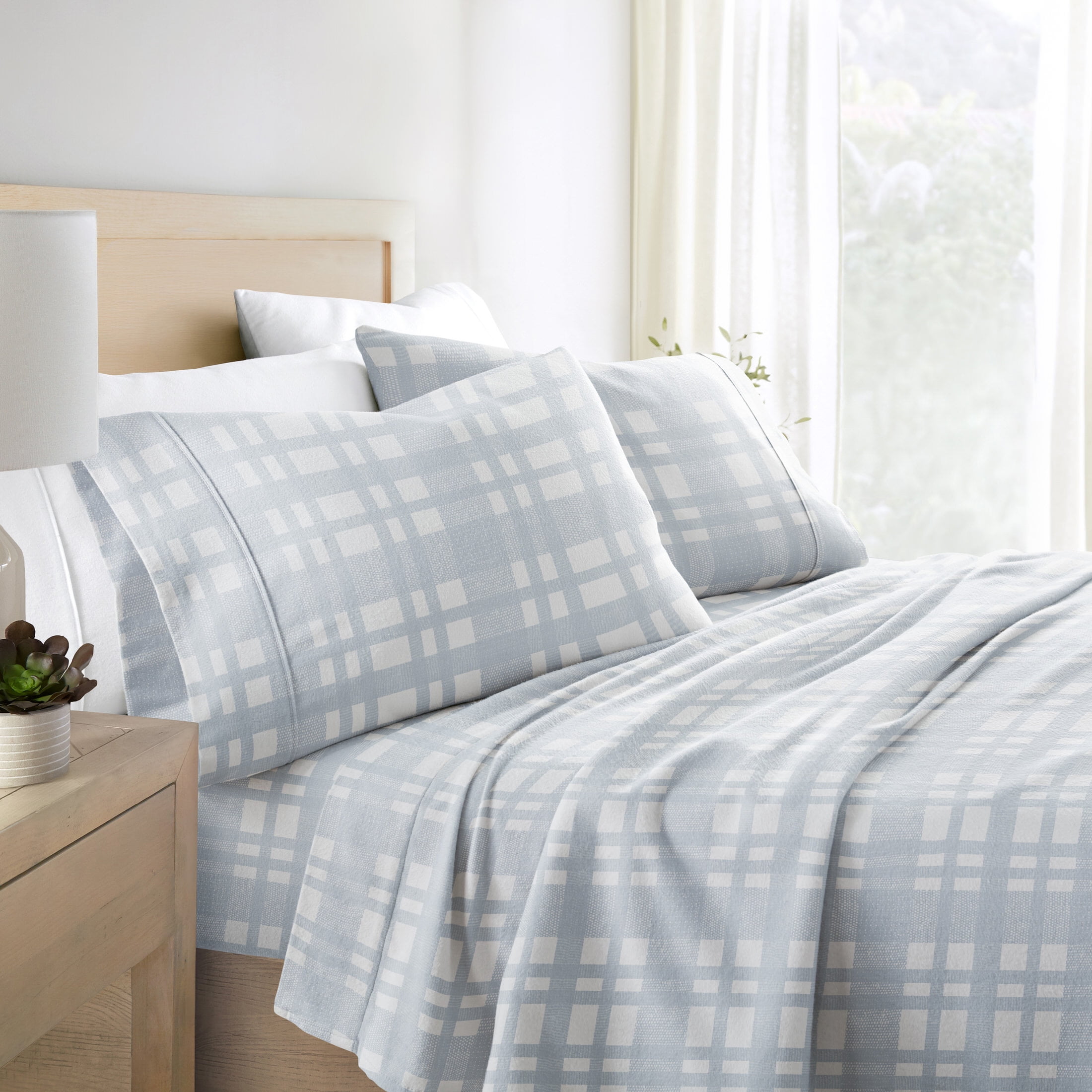 Light Blue Woven 4 Piece 100% Cotton Flannel Deep Pocket Sheet Set, Queen, by Noble Linens