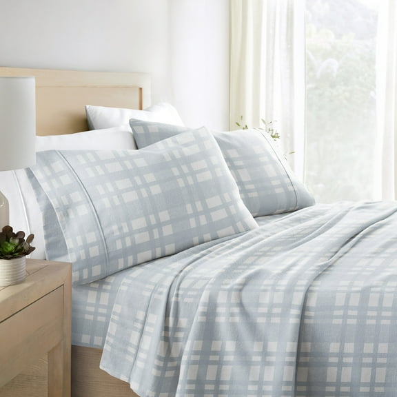 Light Blue Woven 4 Piece 100% Cotton Flannel Deep Pocket Sheet Set, Queen, by Noble Linens