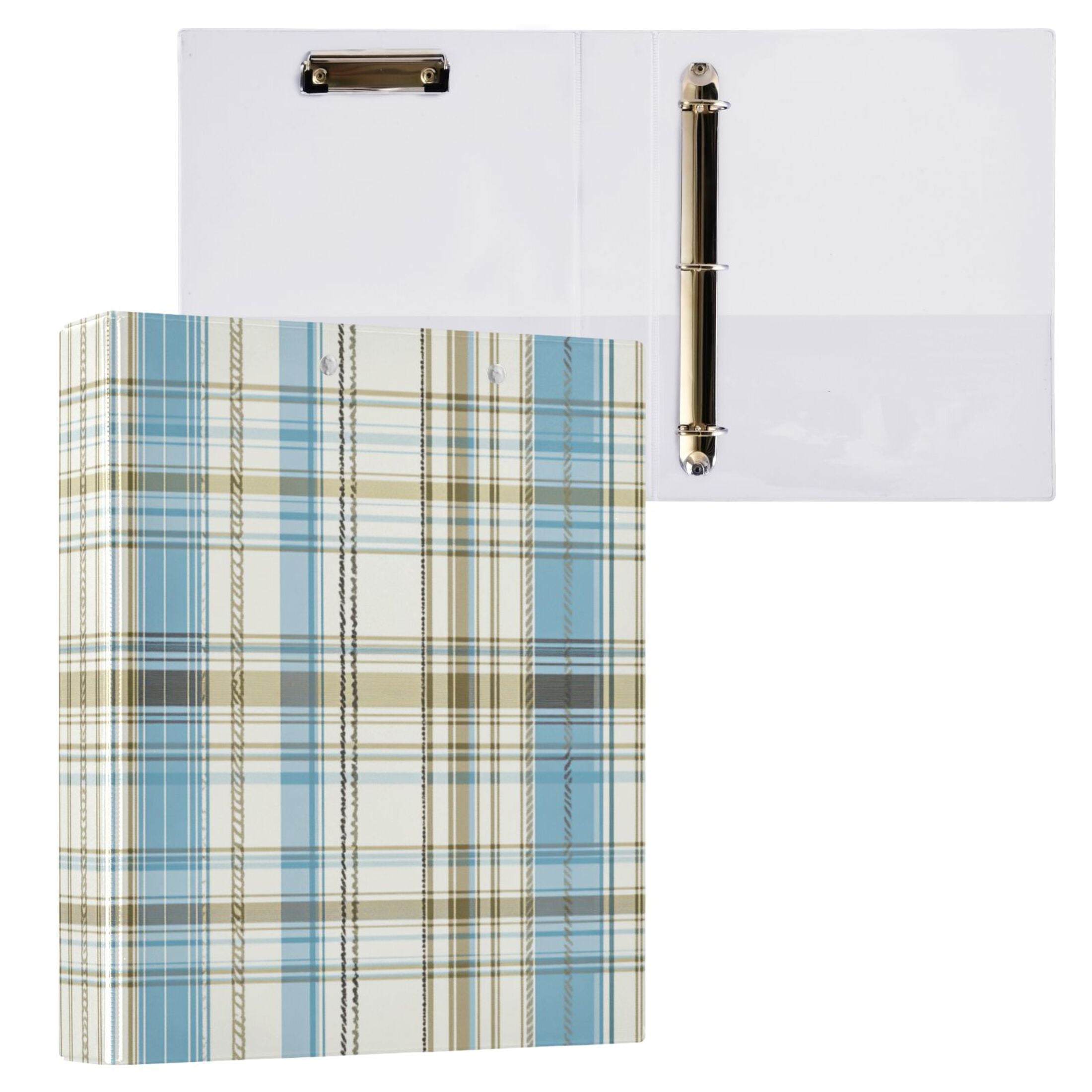 Light Binders Light Blue and Brown Tartan 3 Ring Hardcover Binders 1.5in Round Rings ...