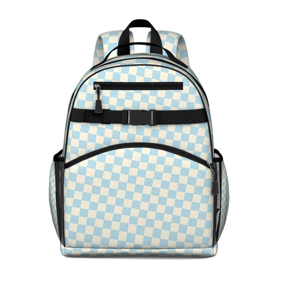 Light Blue and Cream Checkered Pattern Backpack for School,Cute School Bag,Schoolbag with Adjustable Shoulder Straps & Padded Back,15.25"x11.5"x5.25"