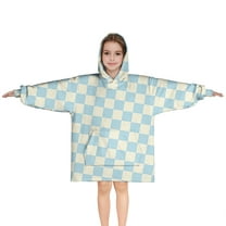 Light Blue and Cream Checkered Pattern Blanket Hoodies for Kids 6-13YR Oversize Wearable Blanket Hoodies for Boys Girls Teens