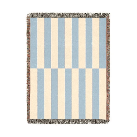 Light Blue and Cream Offset Checkerboard Woven Throw Blanket, 100% Cotton, Geometric Style for Home Decor