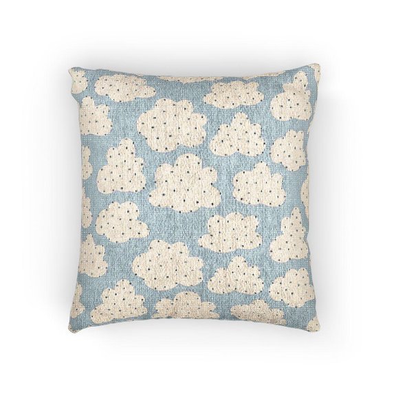 Light Blue and Cream Polka Dot Cloud Woven Pillow, Cotton-Polyester Shell, Whimsical Style