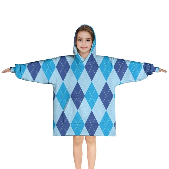 Light Blue and Dark Blue Argyle Pattern Blanket Hoodies for Kids 6-13YR Oversize Wearable Blanket Hoodies for Boys Girls Teens