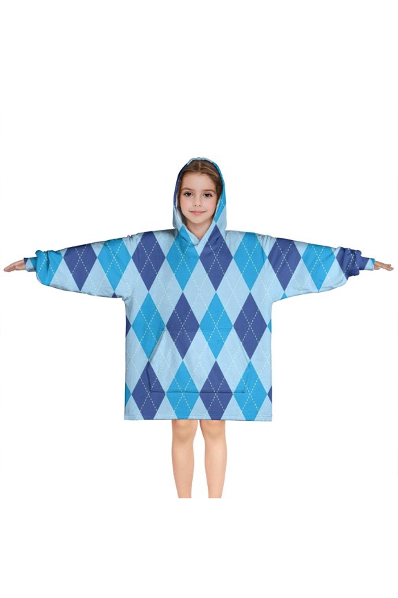 Light Blue and Dark Blue Argyle Pattern Blanket Hoodies for Kids 6-13YR Oversize Wearable Blanket Hoodies for Boys Girls Teens