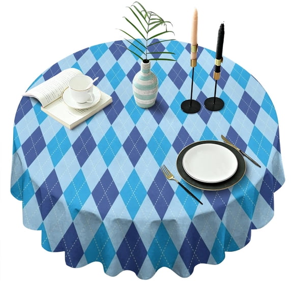 Light Blue and Dark Blue Argyle Pattern Round Tablecloth 60"x60",Wrinkle Wipeable Table Cloth for Kitchen Dining Room Picnic Patio Party