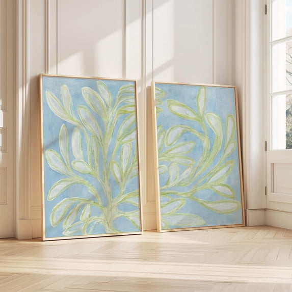 Light Blue and Green Pastel Wall Art Sage Green Coastal Botanical Set 2 Stretched Canvas 12x18