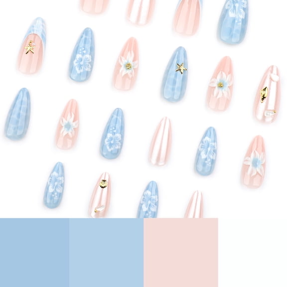 Light Blue and Light Pink Beach Wave Press on Nails, Short Almond Glossy False Nails with Shell and Starfish Decorations, 24 Count
