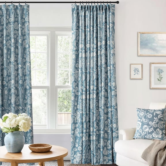 Light Blue and White Blackout Curtains, Coastal Beachy Floral Patterned Pinch Pleated Boho Paisley Drapes, 84 Inch Long 2 Panels Set, Dusty Blue