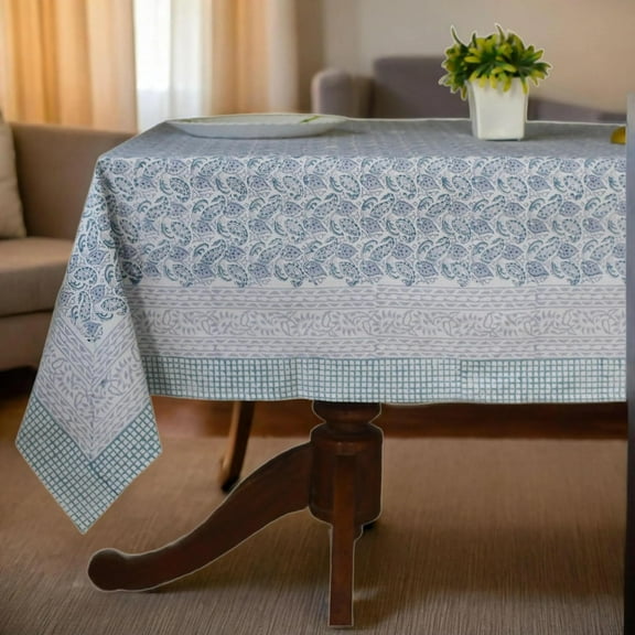 Light Blue and White Indian 60x90 Inches Hand Block Printed Floral Tablecloth, Wedding Home Party Event Restaurant Patio Outdoor Gift Dinner