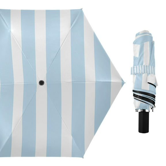 Light Blue and White Stripes Compact Sun Umbrella Windproof Travel Umbrellas for Rain Strong Portable UV Protection