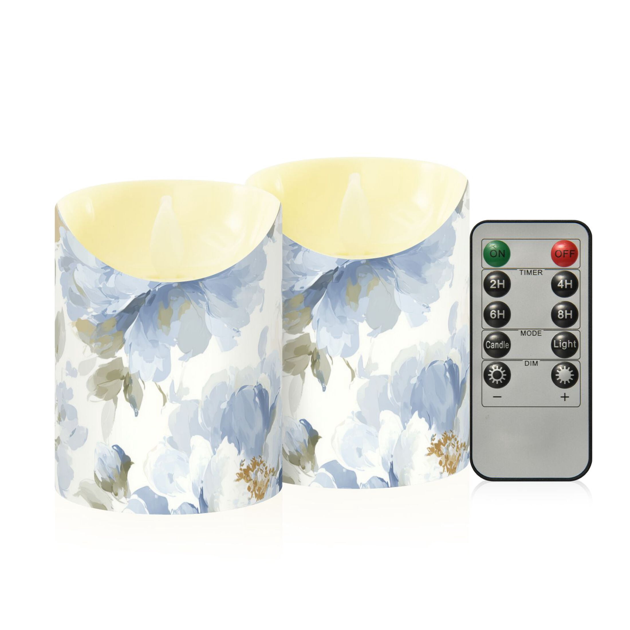 Light Blue and Yellow Flowers Flickering Flameless Candles with Remote Timer Battery Operated LED Tealight Set of 2 M