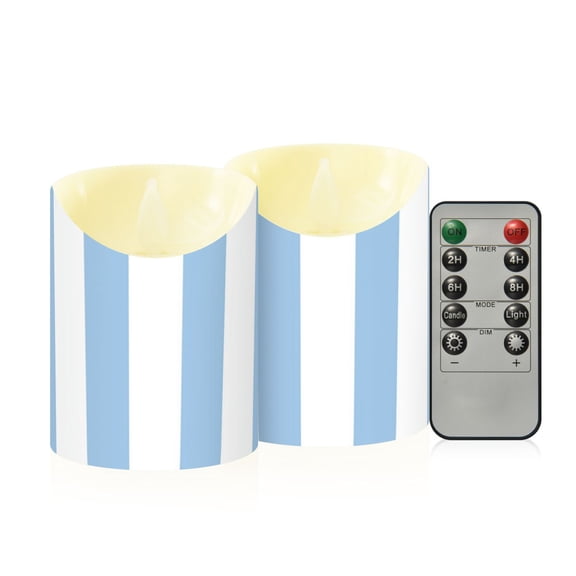 Light Blue-white Stripes Flickering Flameless Candles with Remote Timer Battery Operated LED Tealight Set of 2 S