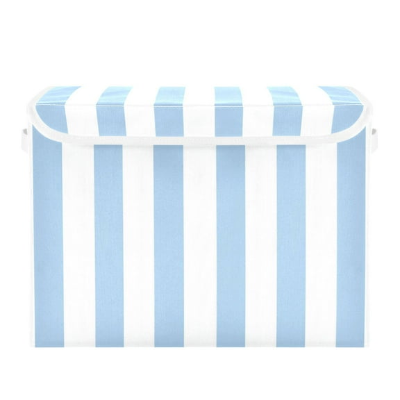 Light Blue-white Stripes Foldable Storage Bin with Lid and Handle Collapsible Storage Box 16.5 x 12.6 x 11.8 inches