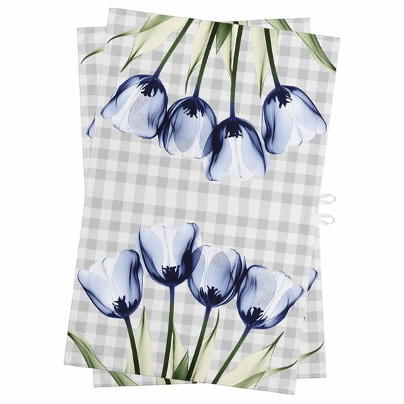 Light BlueTulip Kitchen Towels Set of 2, Water Absorbent Dish Towel, Farmhouse Flowers Grey Checkered Decorative Hand Towels - Quick Drying Cloth for Cooking Baking, 18x28 Inch