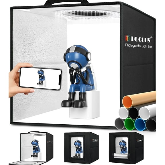 DUCLUS Light Box Photography 12"x12" LED Photo Studio Box with 8 Backdrops, Dimmable 120 LED Lights, CRI 95 Lighting for Jewelry and Miniature Model Photography