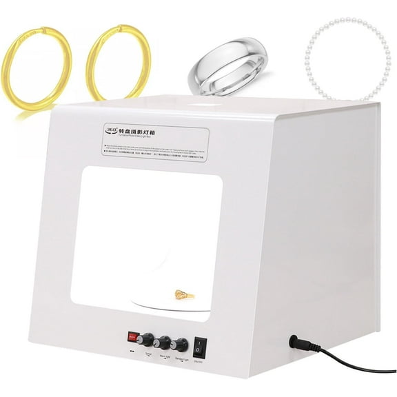 Light Box Photography, 360 Electric Rotating Photography Light Tent kit with 4 LED Light 5 Colors Backgrounds, for Necklaces, Rings, Watch