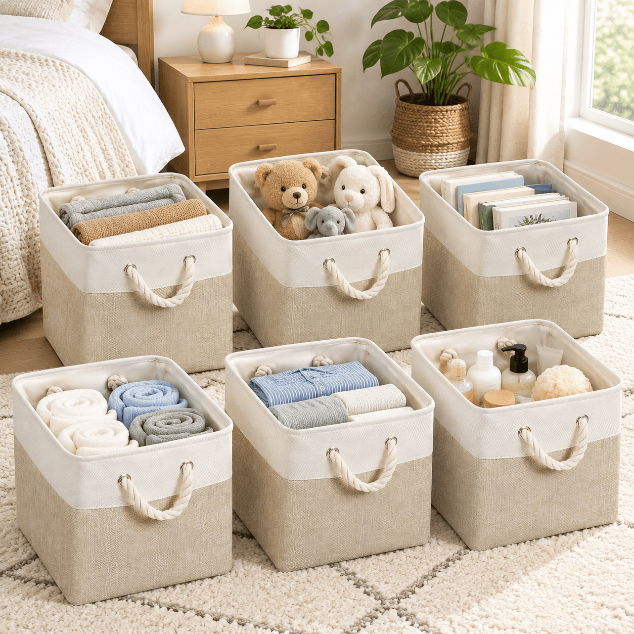 Cubing Language Light Brown 11 x 11 Inch Color Block Fabric Cube Storage Baskets ...