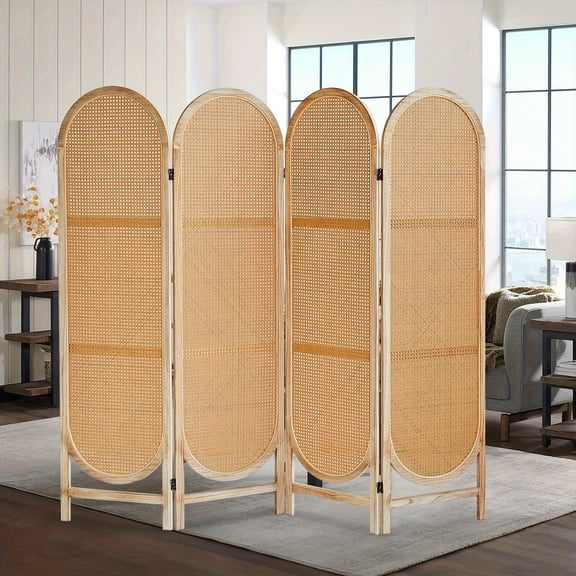 Light Brown 4-Panel Hand-Woven Rattan Room Dividers, Wooden Privacy Screens with Folding Design for Home Office or Bedroom, Freestanding Natural Wood Partition Panels with Woven Rattan Patterns,