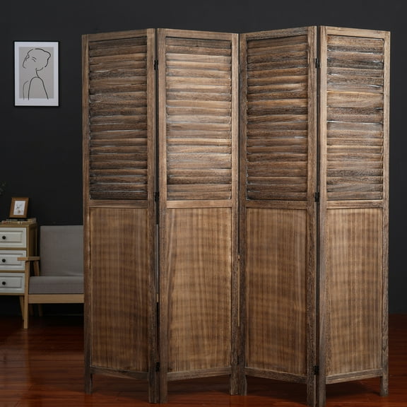 Light Brown 4-Panels Room Divider w/ Window Shutter Style