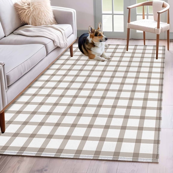 Light Brown 4x6 Area Rugs for Living Room, Checkered Non Slip Floor Mat Washable Low-Profile Indoor Carpet for Bedroom, Dining Room, Bathroom
