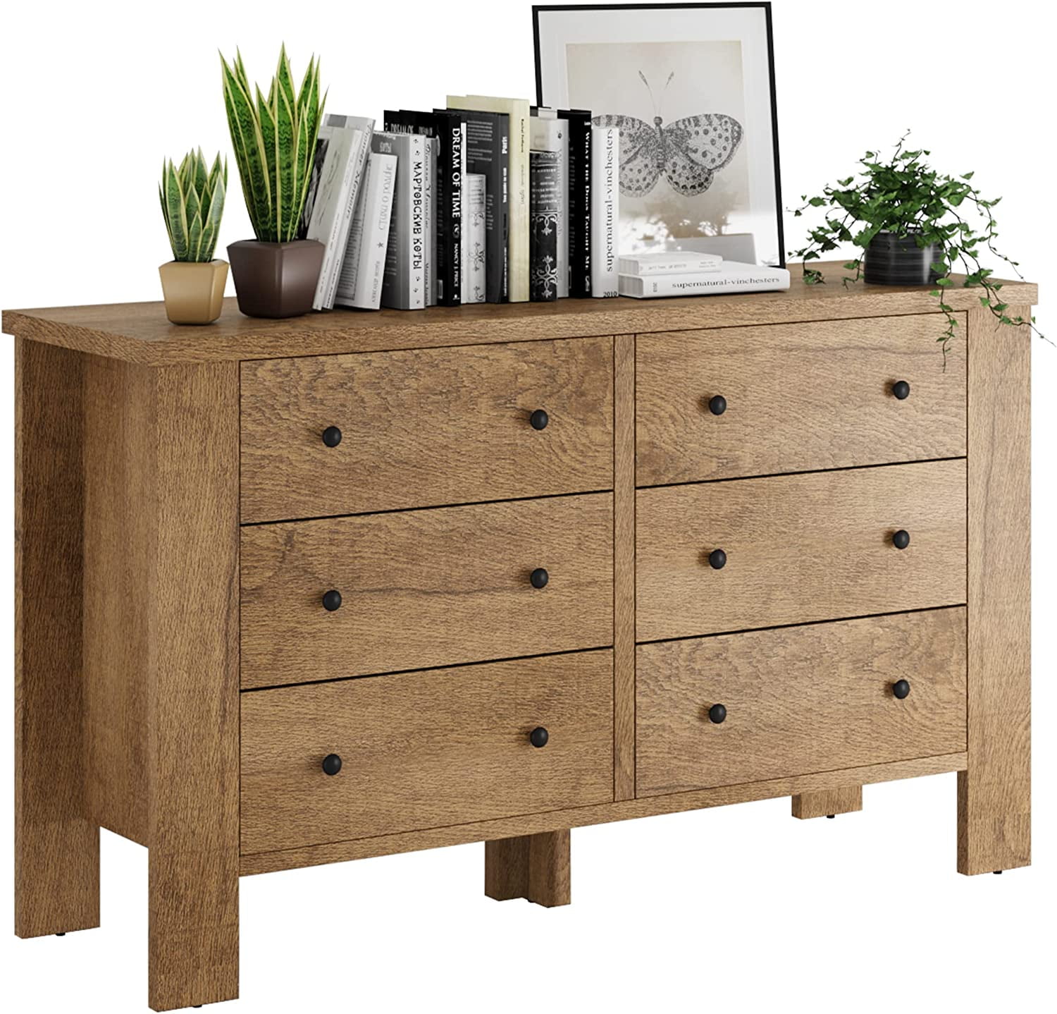 Light Brown 6-Drawer Chest Dresser, Wood Nightstand with Ample Storage for Kids' Rooms, Bedrooms ...