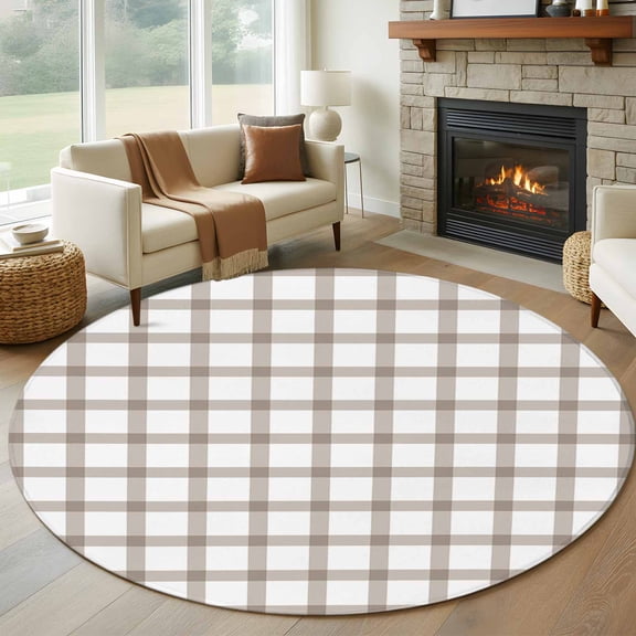 Light Brown 8FT Round Area Rugs for Living Room Checkered Ultra-Thin Non-Slip Round Rugs Machine Washable Low Pile Circle Carpet for Bedroom Kitchen Nursery