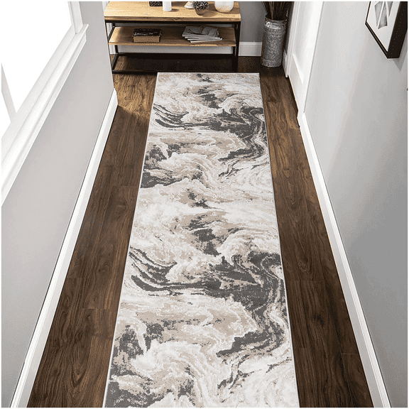 Light Brown Abstract 26 x 96 Inch Runner Rug, Modern Polypropylene Floor Accent for Dining Space
