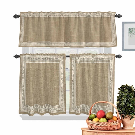 Light Brown Abstract Art Kitchen Curtains Valances 3 Piece Set, Vintage Linen Greek Key Geometric Rod Pocket Tier Curtain and Valance Drapes for Small Window 24 Inch Length for Bedroom Cafe