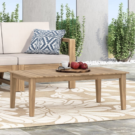 Light Brown Acacia Wood Outdoor Coffee Table Rectangular Slat Top Patio Side Table 39.5 Inch for Backyard Porch Deck Garden