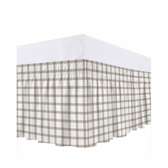 Light Brown Bed Skirt King Size 18" Drop Checkered Ruffled Wrap Around Bed Skirts Adjustable Elastic Bedskirt Dust Ruffle for King Size Bed