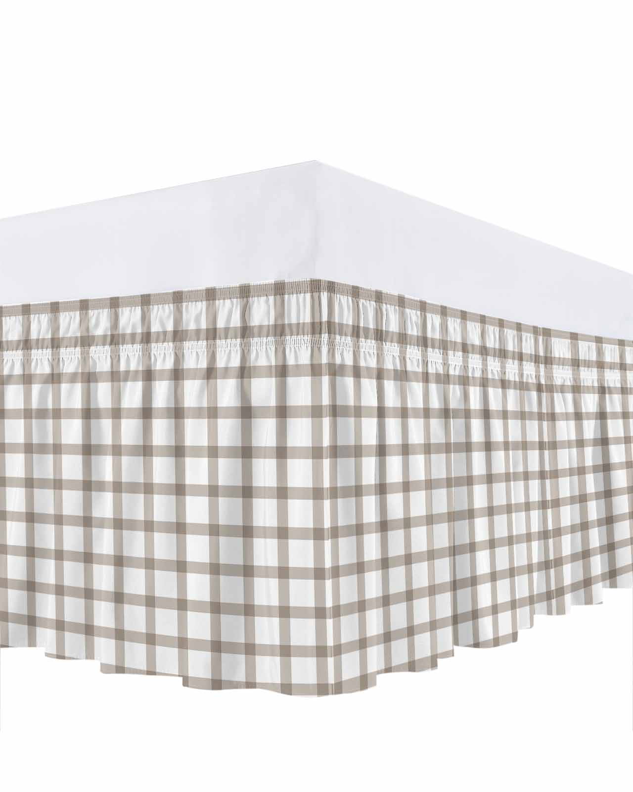 Light Brown Bed Skirt Queen Size 18" Drop Checkered Ruffled Wrap Around Bed Skirts Adjustable Elastic Bedskirt Dust Ruffle for Queen Size Bed