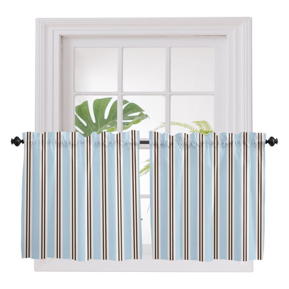Light Brown Blue Striped 2 Panel Kitchen Curtains for Small Windows, Modern Farmhouse Vertical Stripes Bathroom Tier Curtain, Short Window Treatment for Bedroom/Living Room 55"x24"