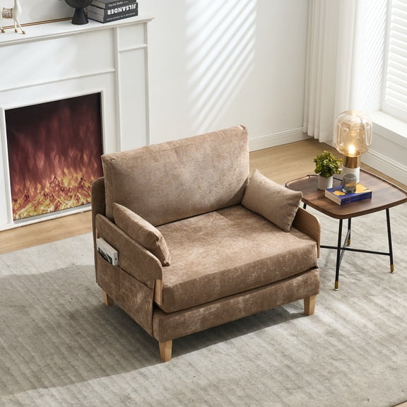 Light Brown Chenille Fold Out Sofa Bed Recliner, Mid-Century Modern Convertible Sleeper Couch, Portable Leisure Lounge Chair for Guest Room
